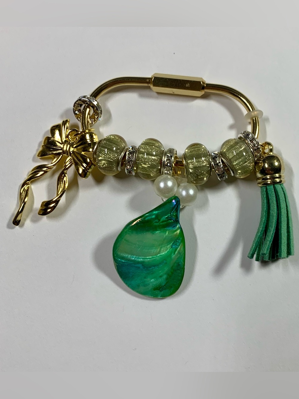 Hand Crafted Gold-Tone purse charm/keychain with Green Teardrop Charm and Tassel